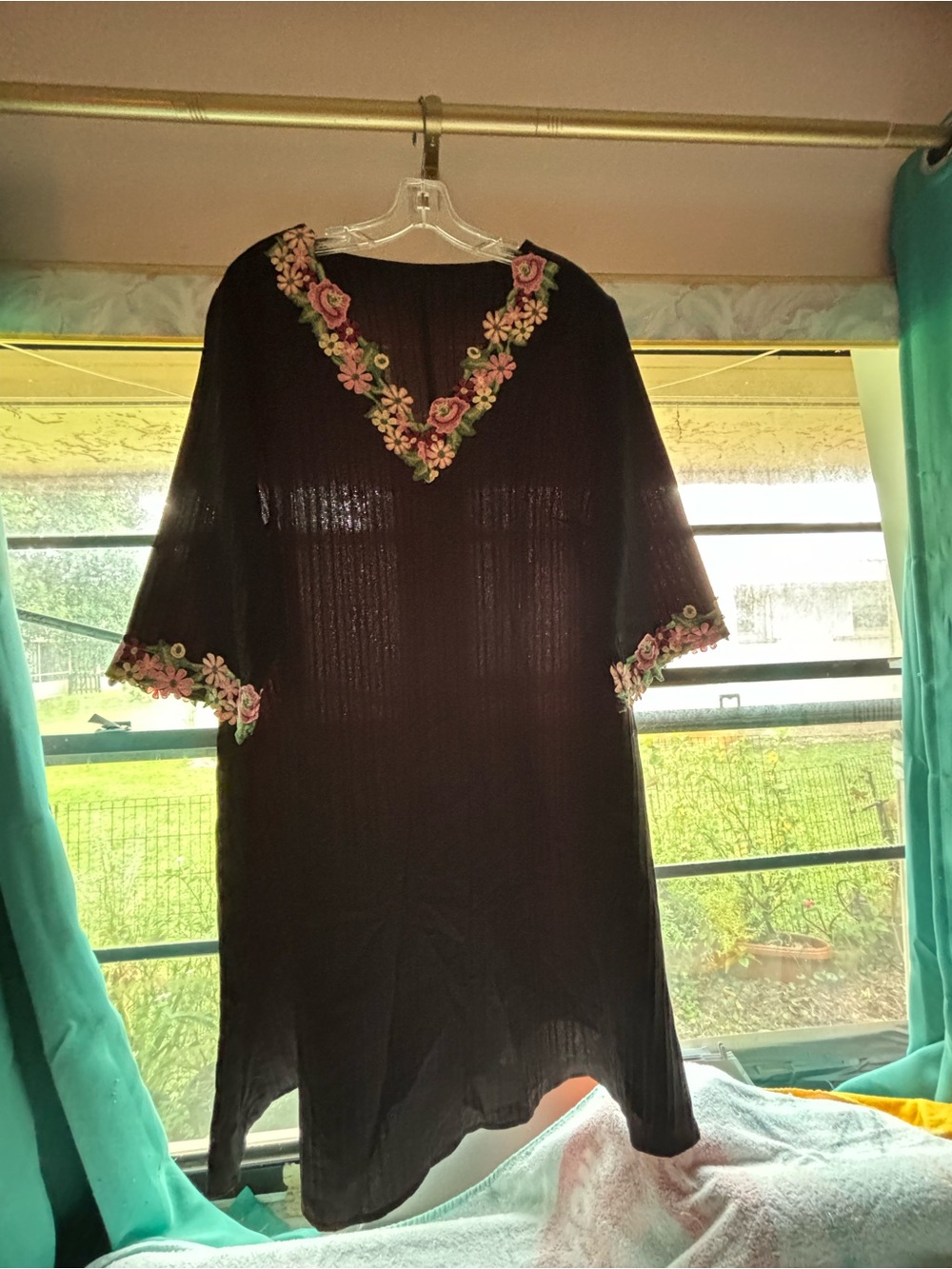 SHEIN Black Midi Dress with Pink & Green Floral Embroidery